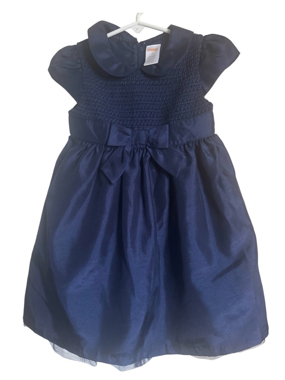 GYMBOREE Toddler Navy Formal Dressy Cap Sleeves Bow Tulle Lined Smocked Dress 2T